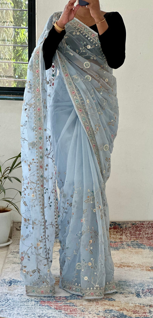 Powder Blue Pure Organza Handwork Saree