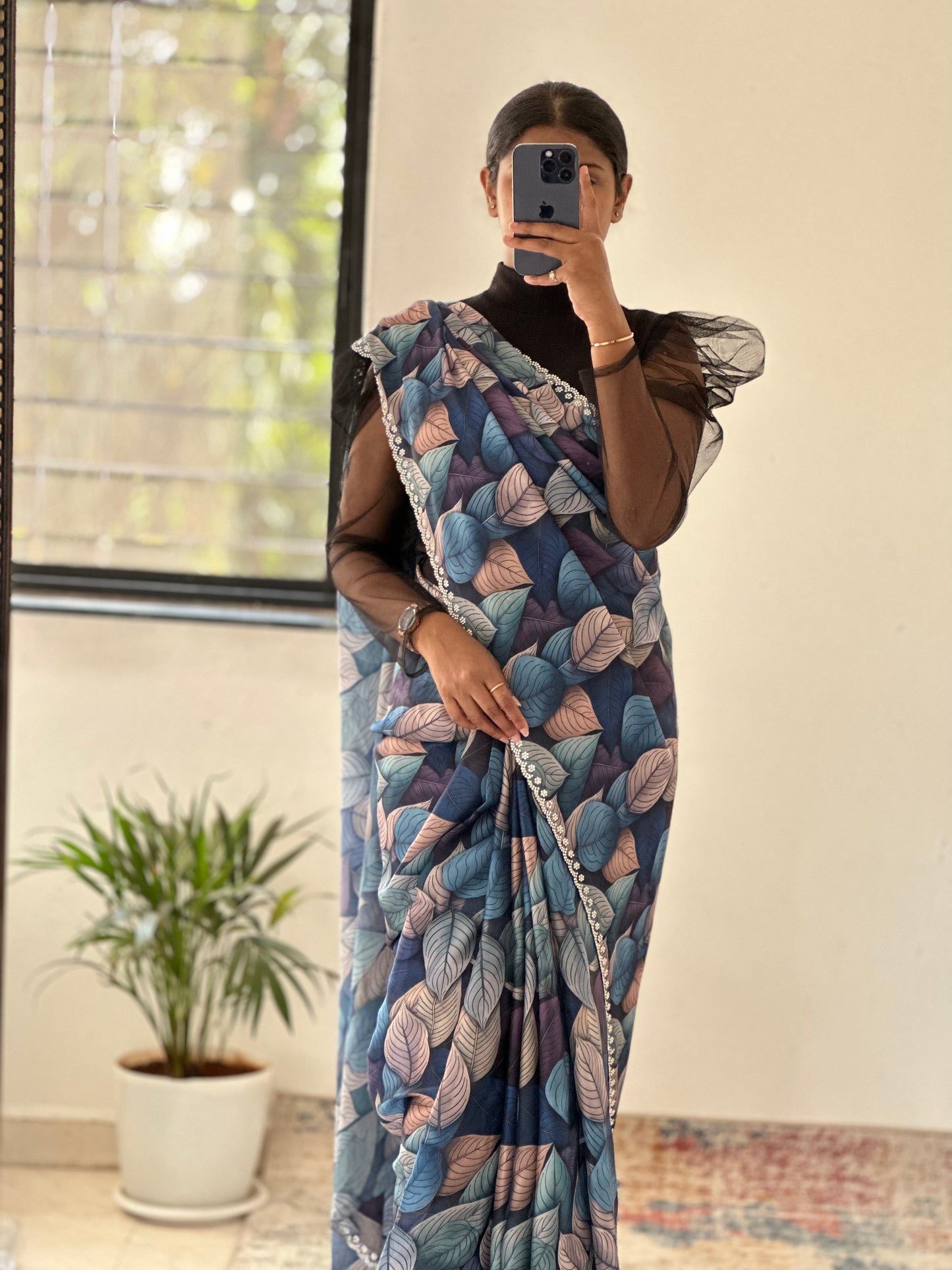 Floral Satin Saree with Embellished Border