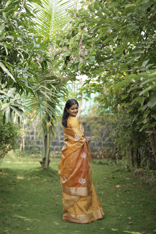 Orange Designer Handwork Crush Tissue Saree