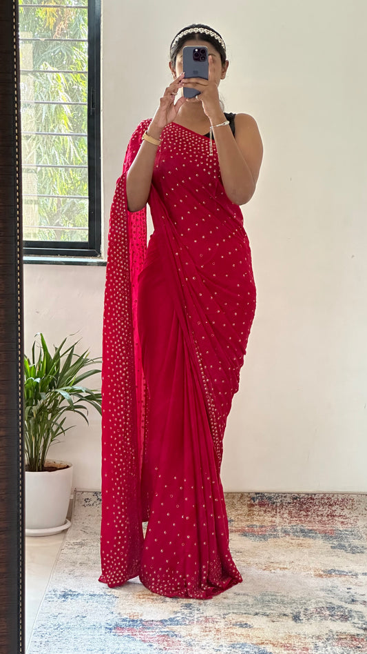 Embellished Red Satin Saree
