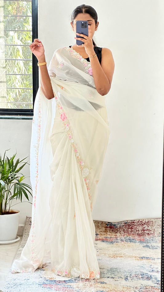 Ivory Pure Shimmer Tissue Handwork Saree