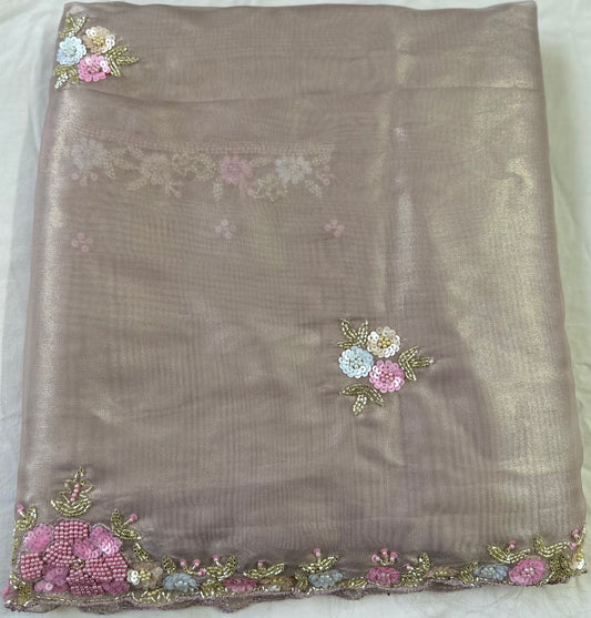 Mocha Pure Shimmer Tissue Handwork Saree