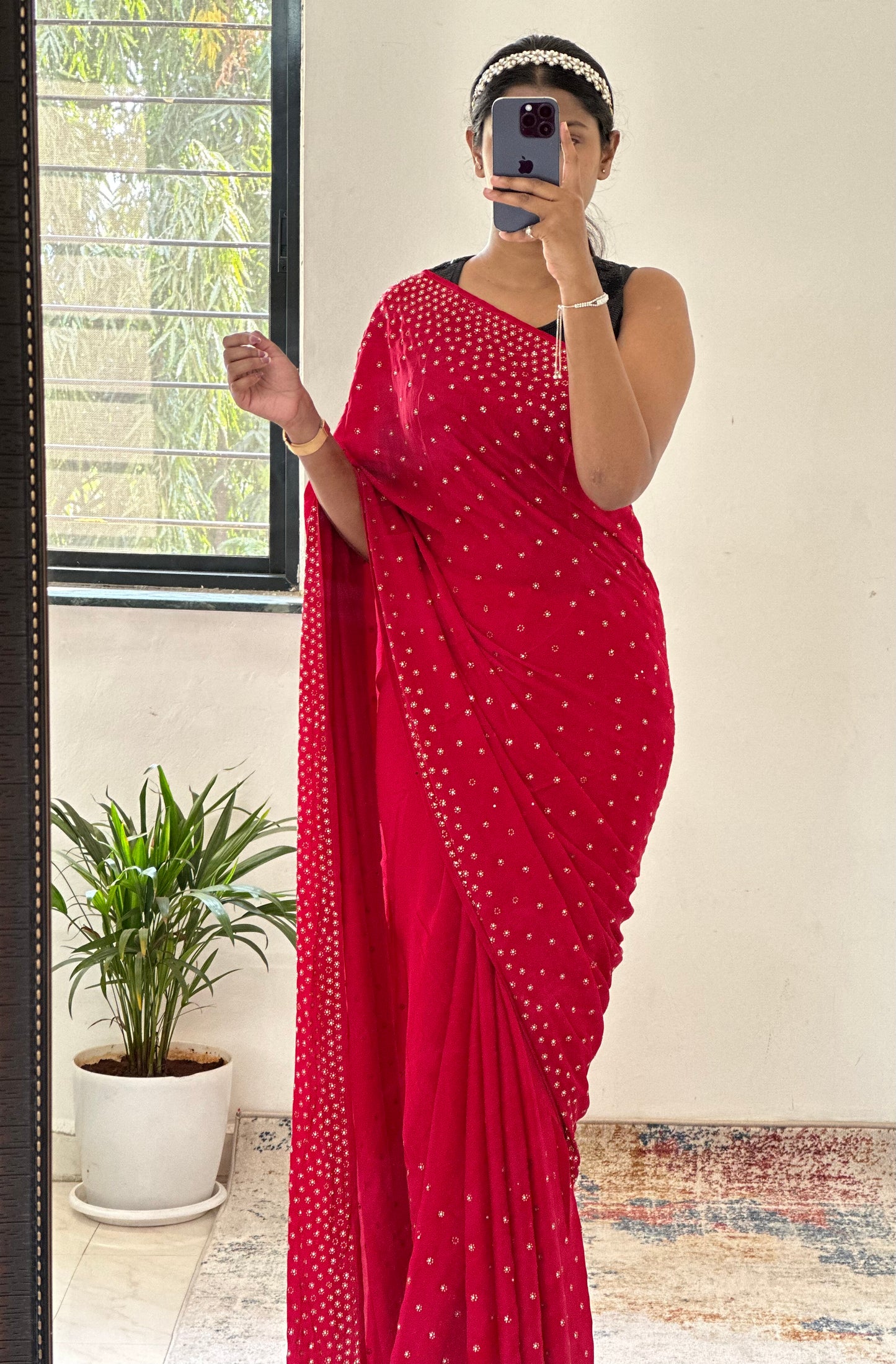 Embellished Red Satin Saree