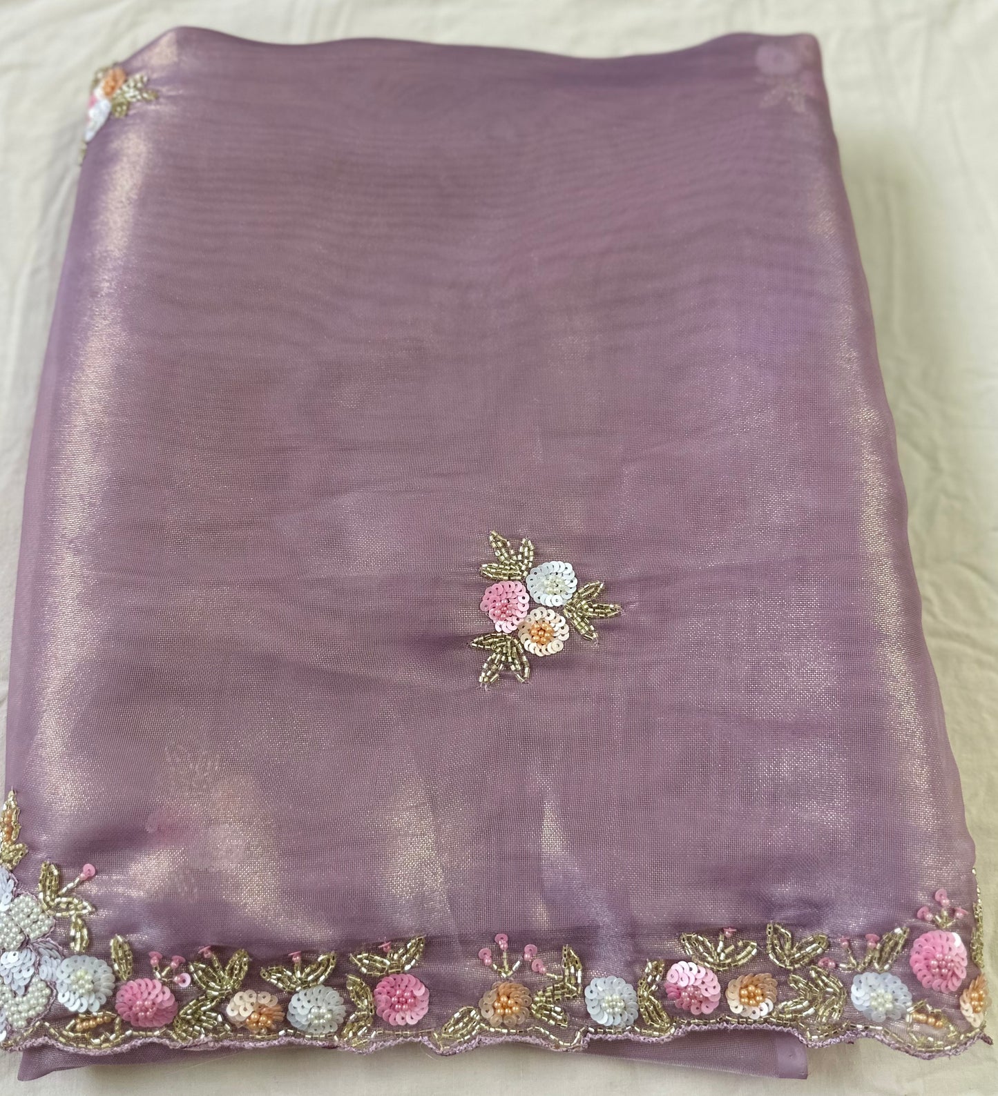 Lilac Pure Shimmer Tissue Handwork Saree