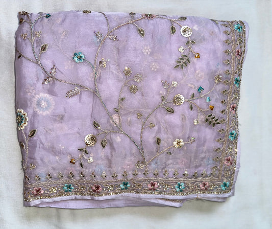 Lavender Pure Organza Handwork Saree