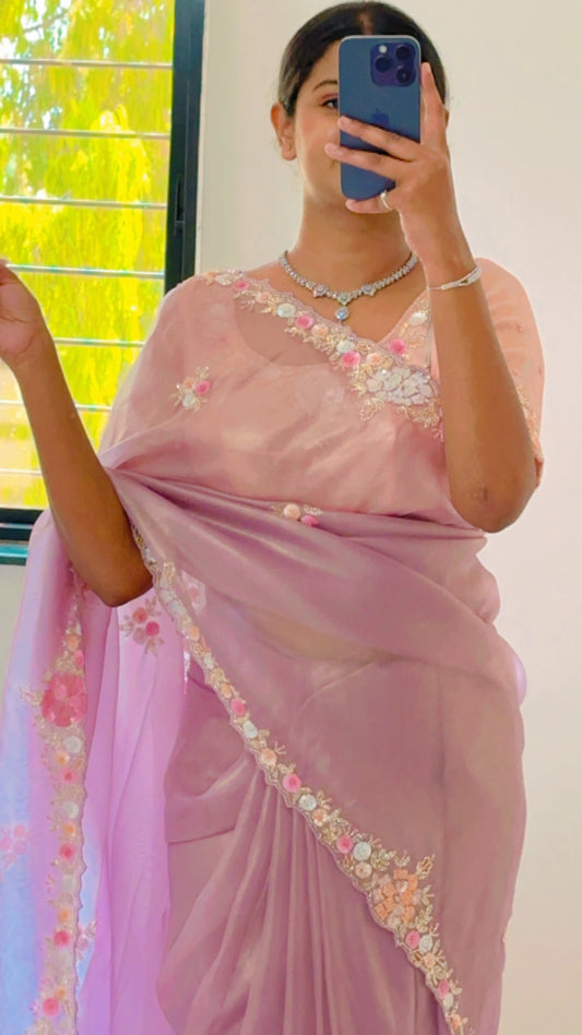 Lilac Pure Shimmer Tissue Handwork Saree