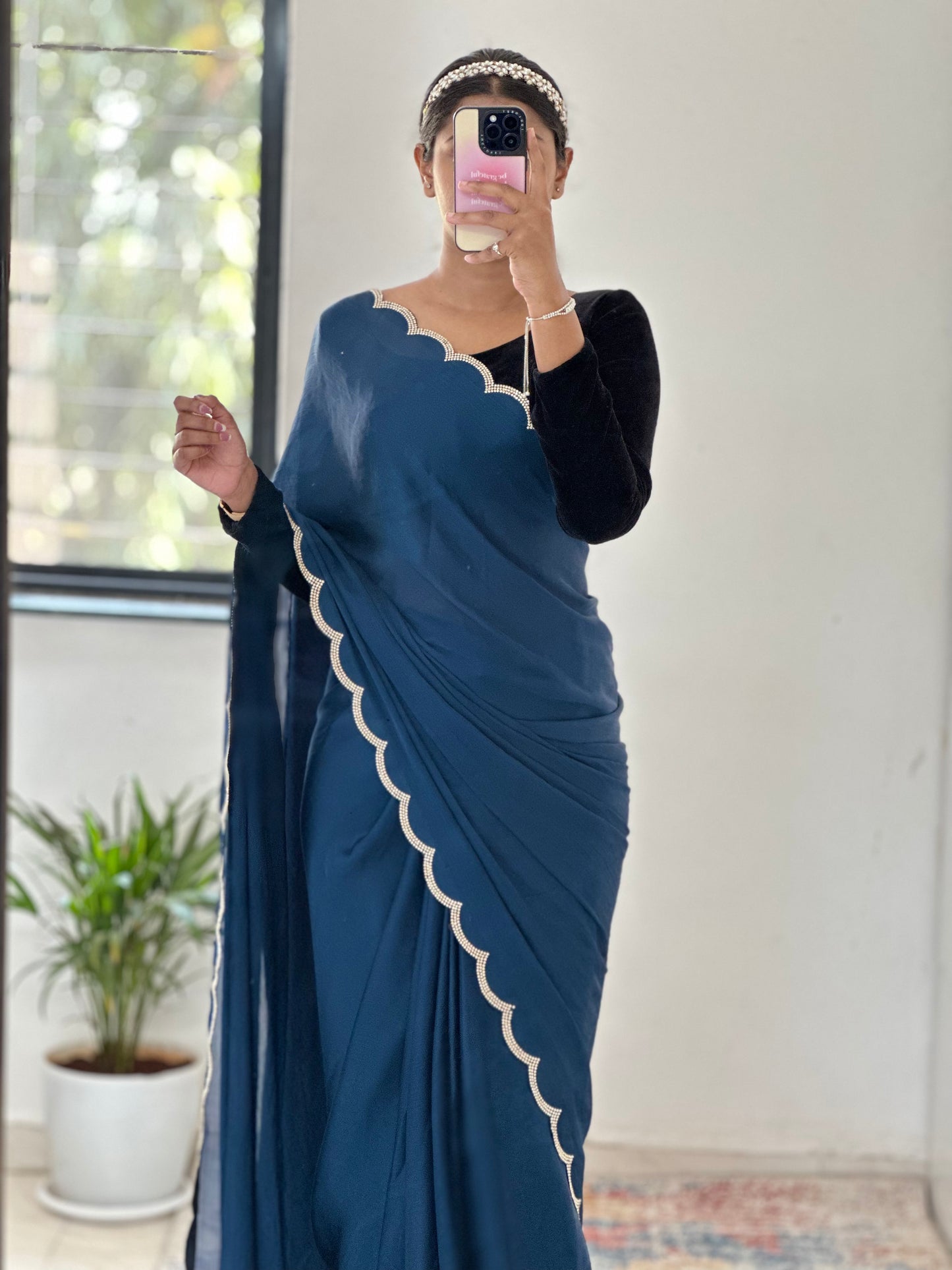 Navy Blue Chiffon Satin Saree