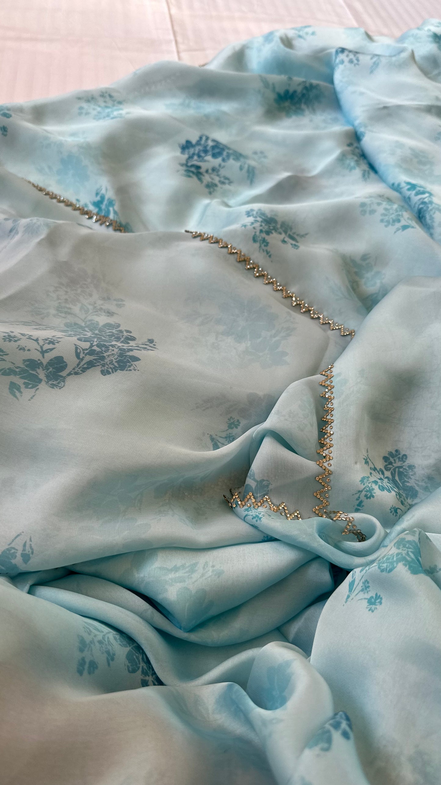 Sky Blue Satin Chiffon Saree