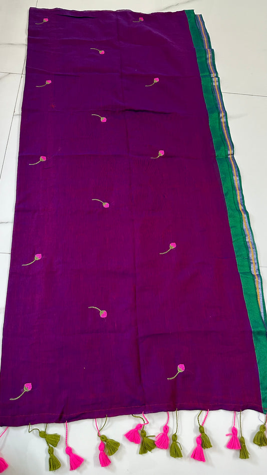 Wine Lotus Mul Cotton Saree