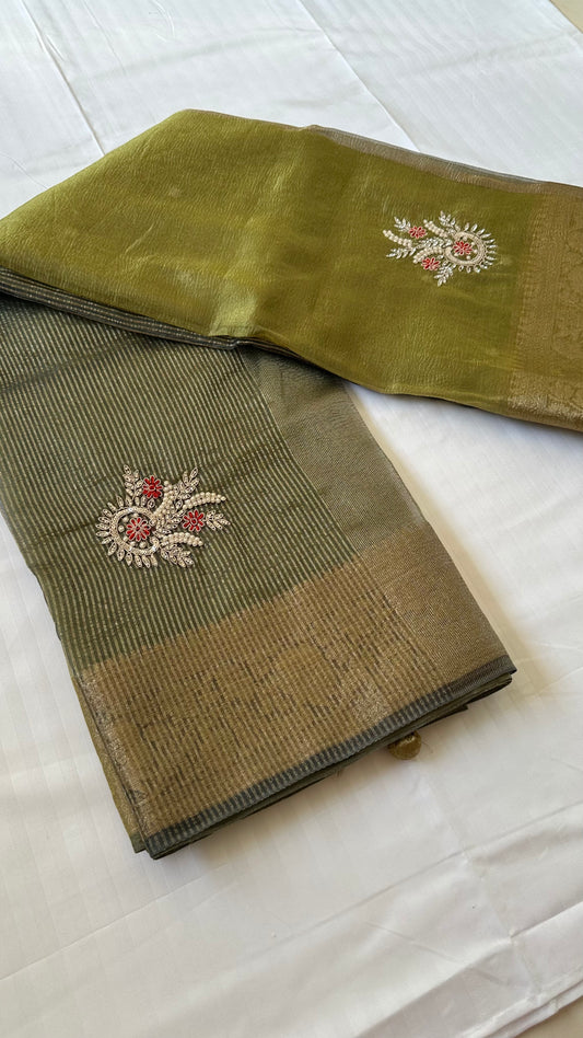 Green Designer Handwork Crush Tissue Saree