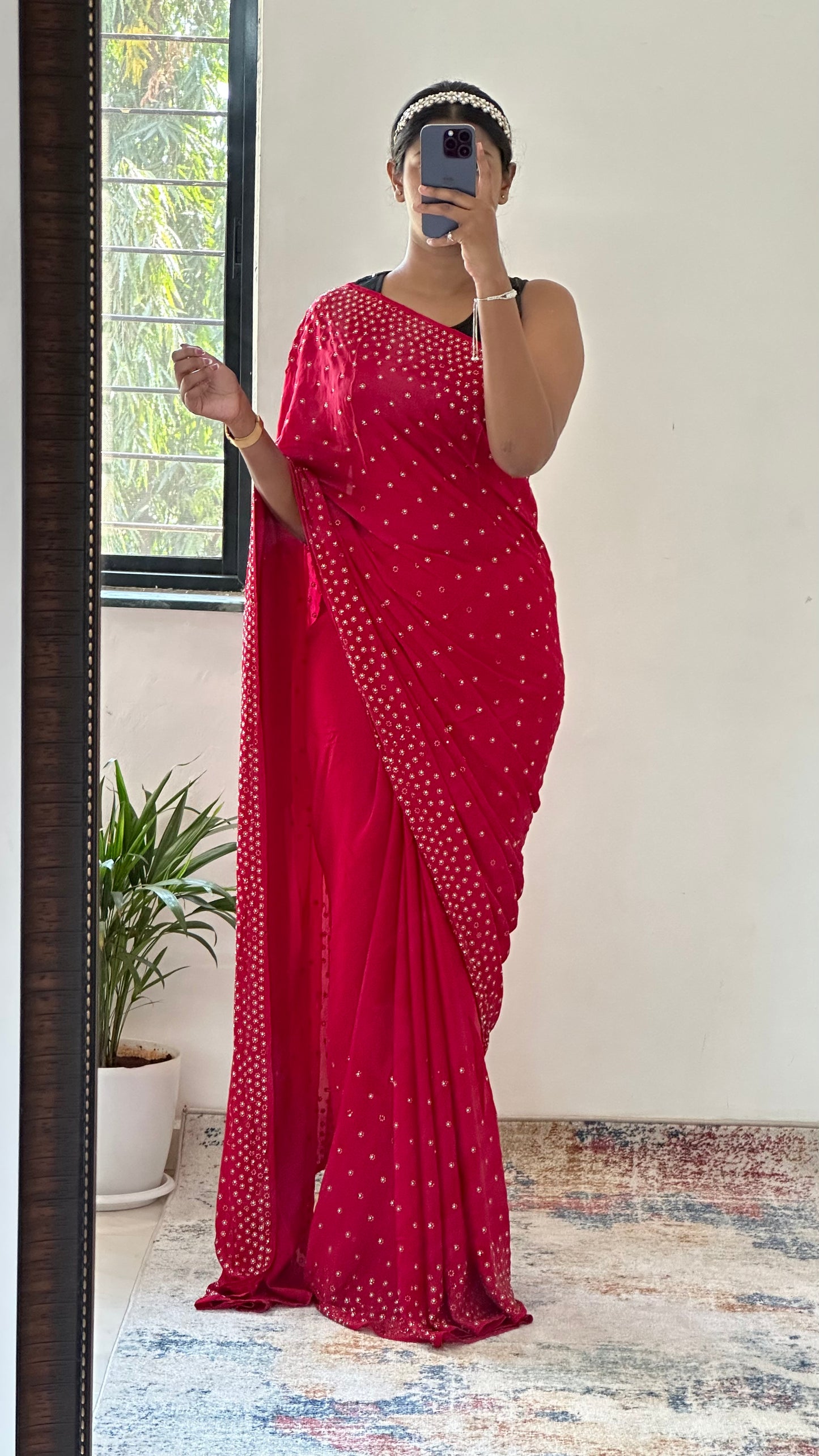 Embellished Red Satin Saree