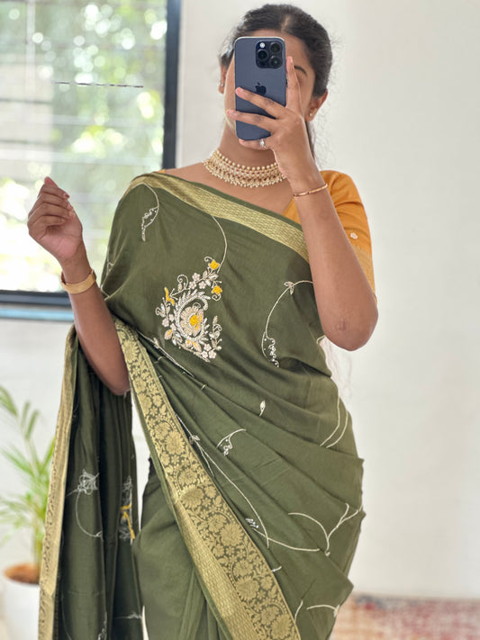 Green Pure Dola Silk Handwork Designer Saree