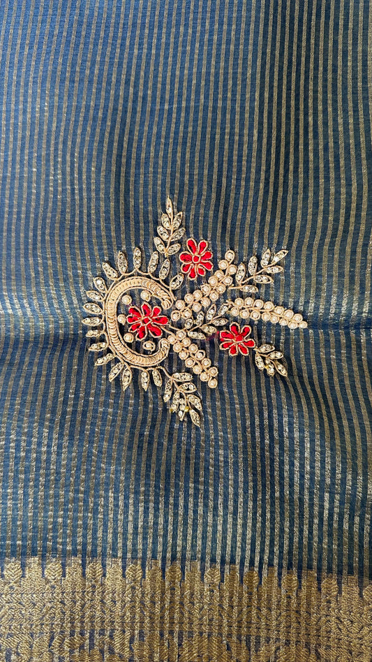 Blue Designer Handwork Crush Tissue Saree