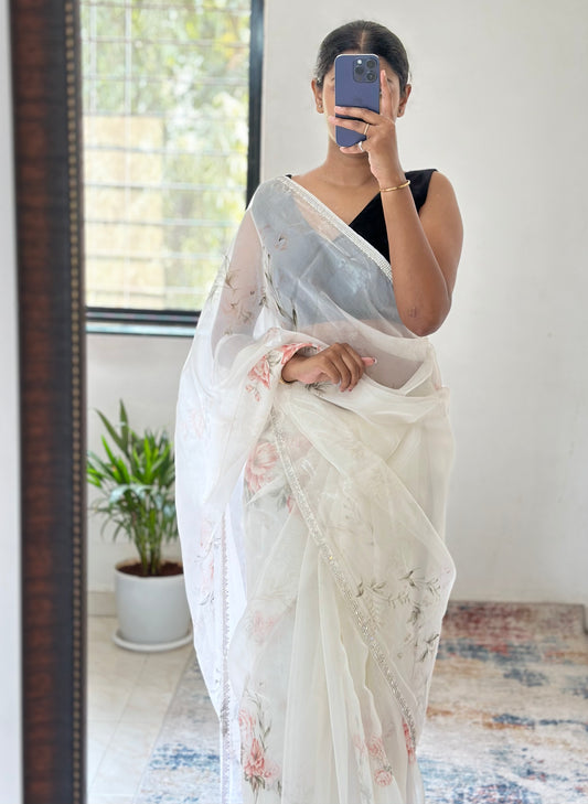 Glass Tissue Ivory Saree