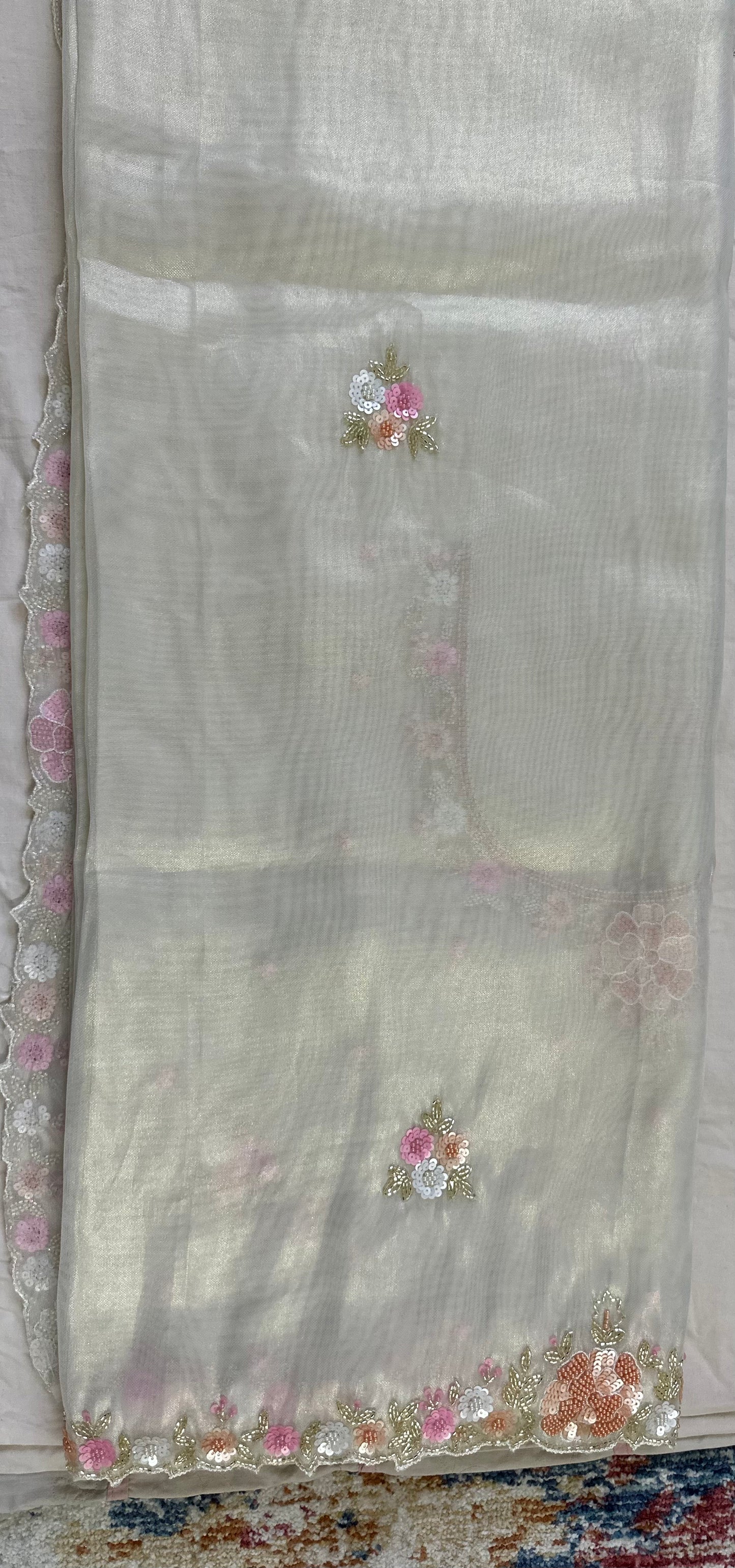 Ivory Pure Shimmer Tissue Handwork Saree