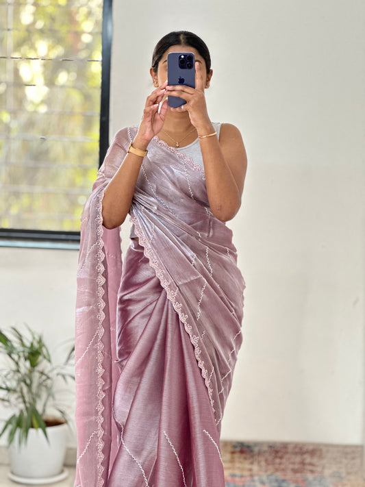 Onion Pink Embellished Tissue Saree