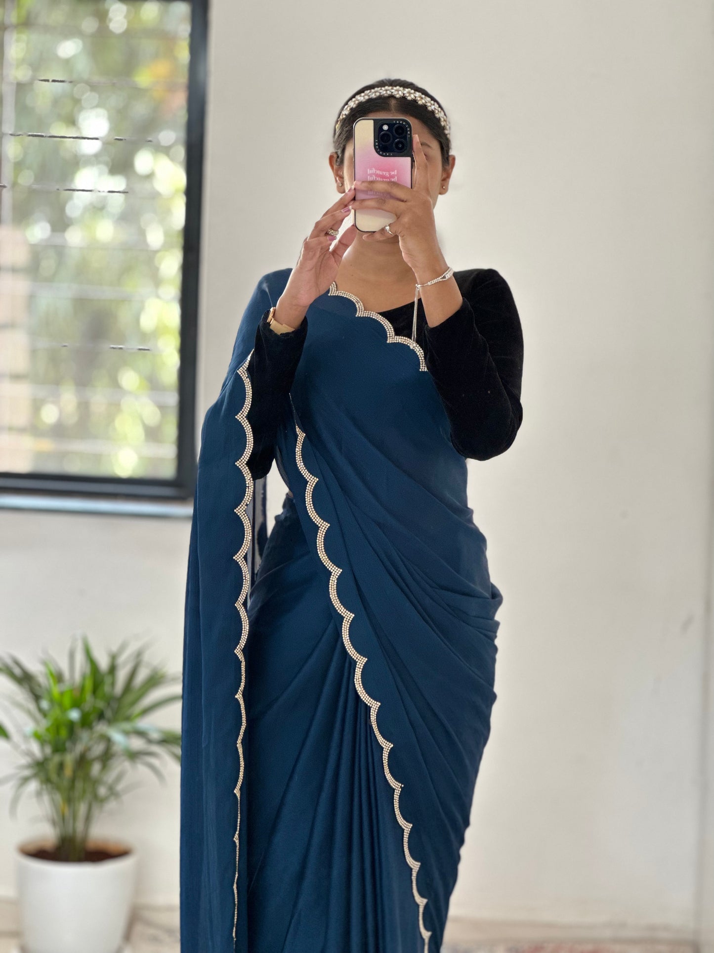 Navy Blue Chiffon Satin Saree