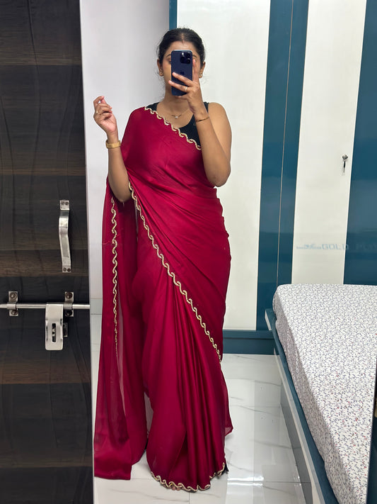 Wine Chiffon Satin Saree