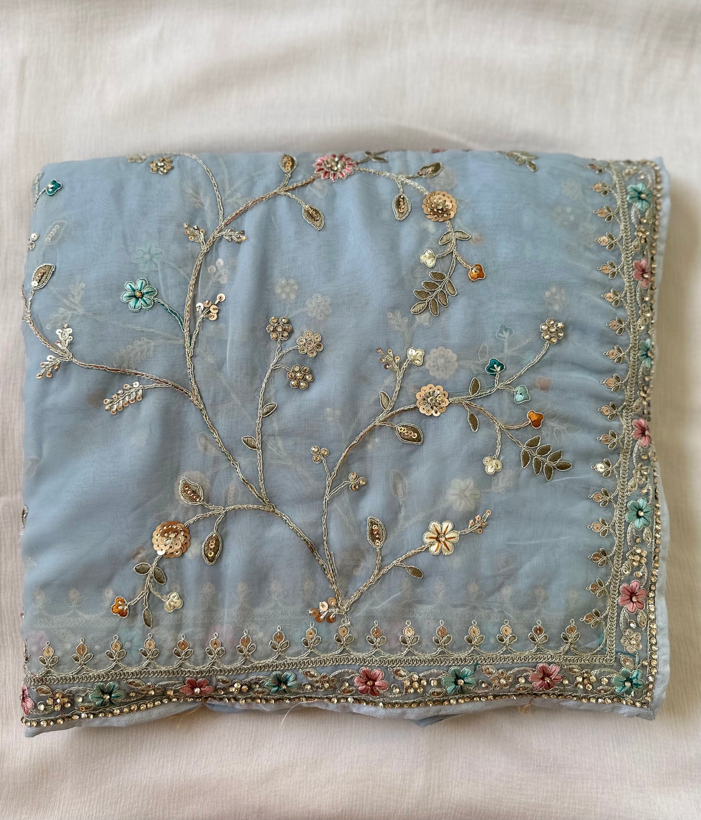 Powder Blue Pure Organza Handwork Saree