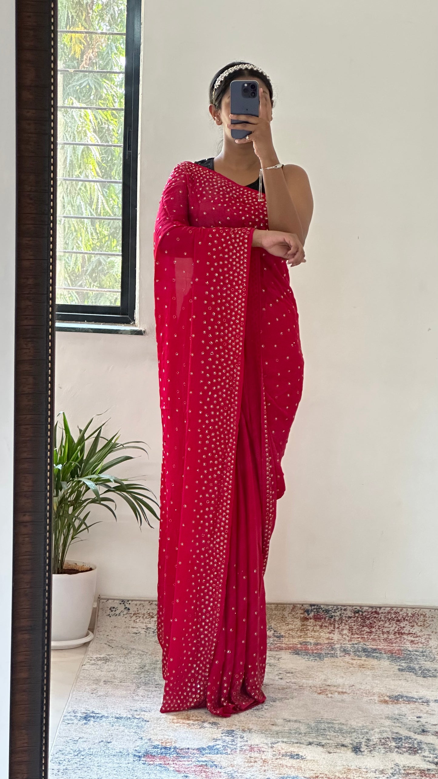 Embellished Red Satin Saree