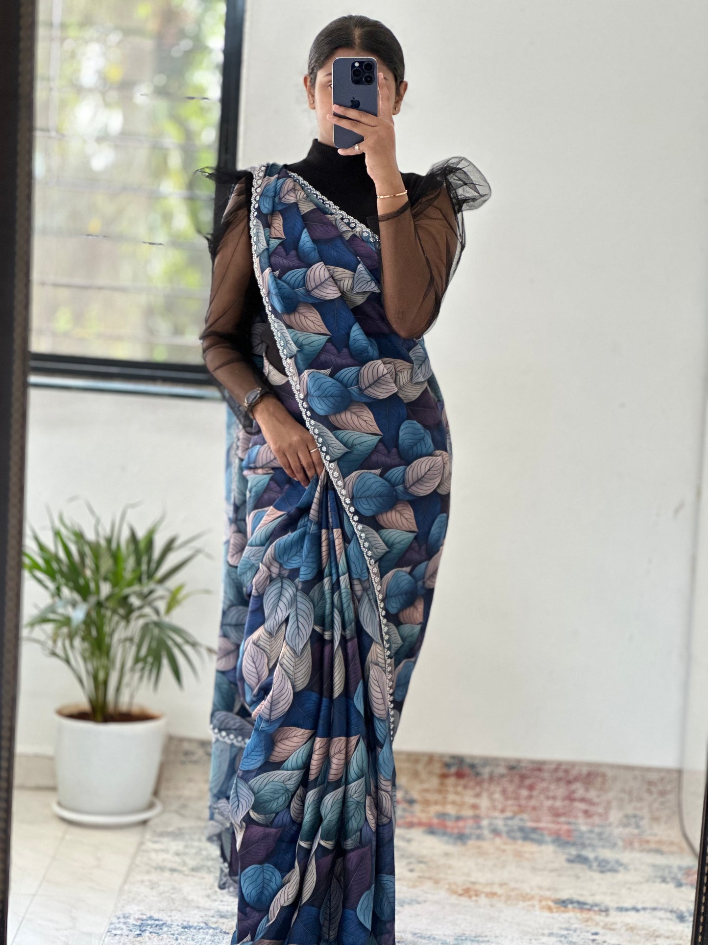 Floral Satin Saree with Embellished Border