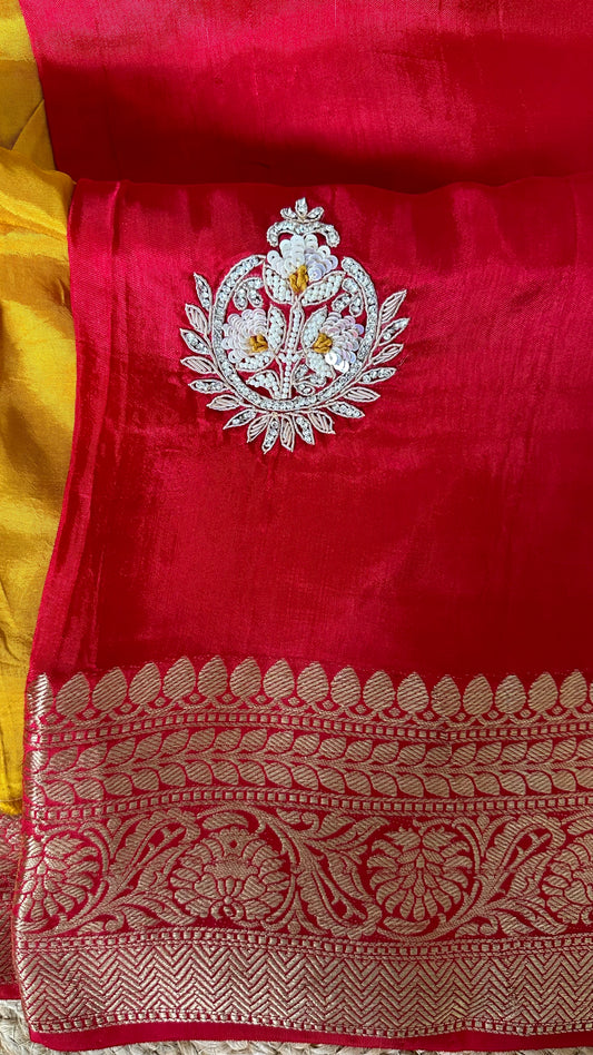Red Pure Dola Silk Handwork Designer Saree