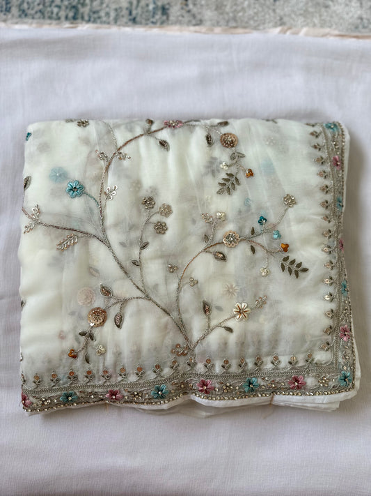 Ivory Pure Organza Handwork Saree