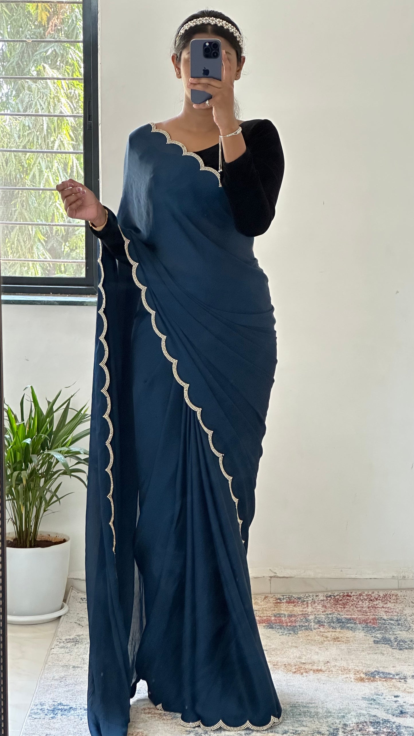 Navy Blue Chiffon Satin Saree