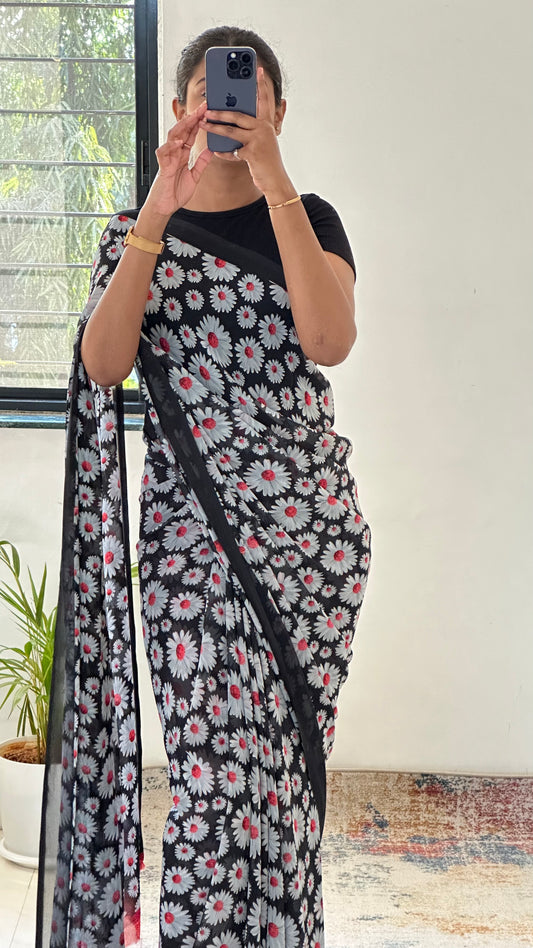 Black Floral Soft Georgette Saree