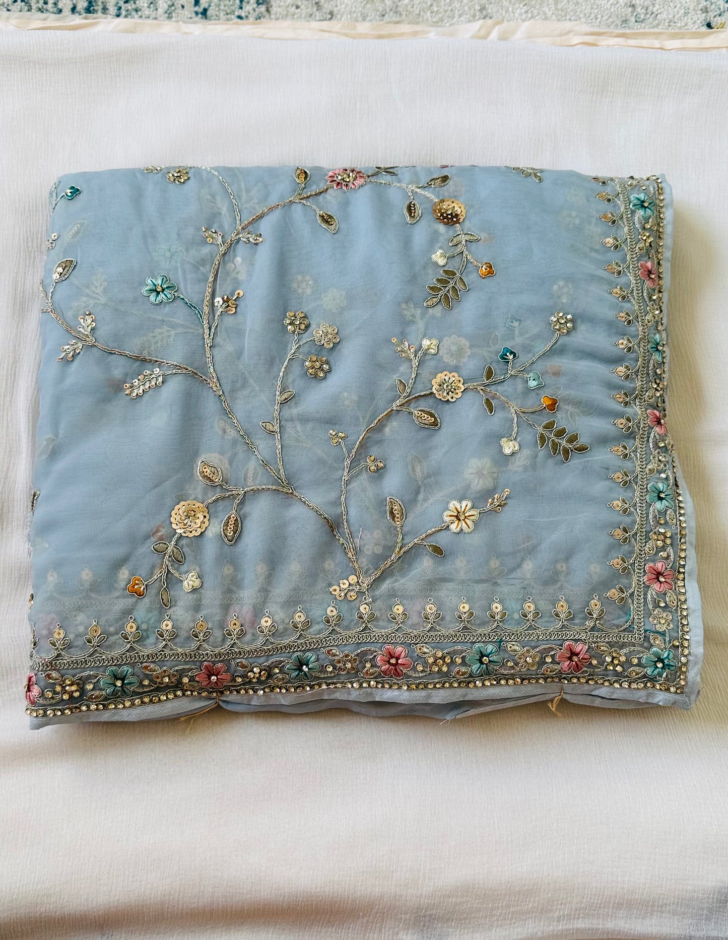 Powder Blue Pure Organza Handwork Saree