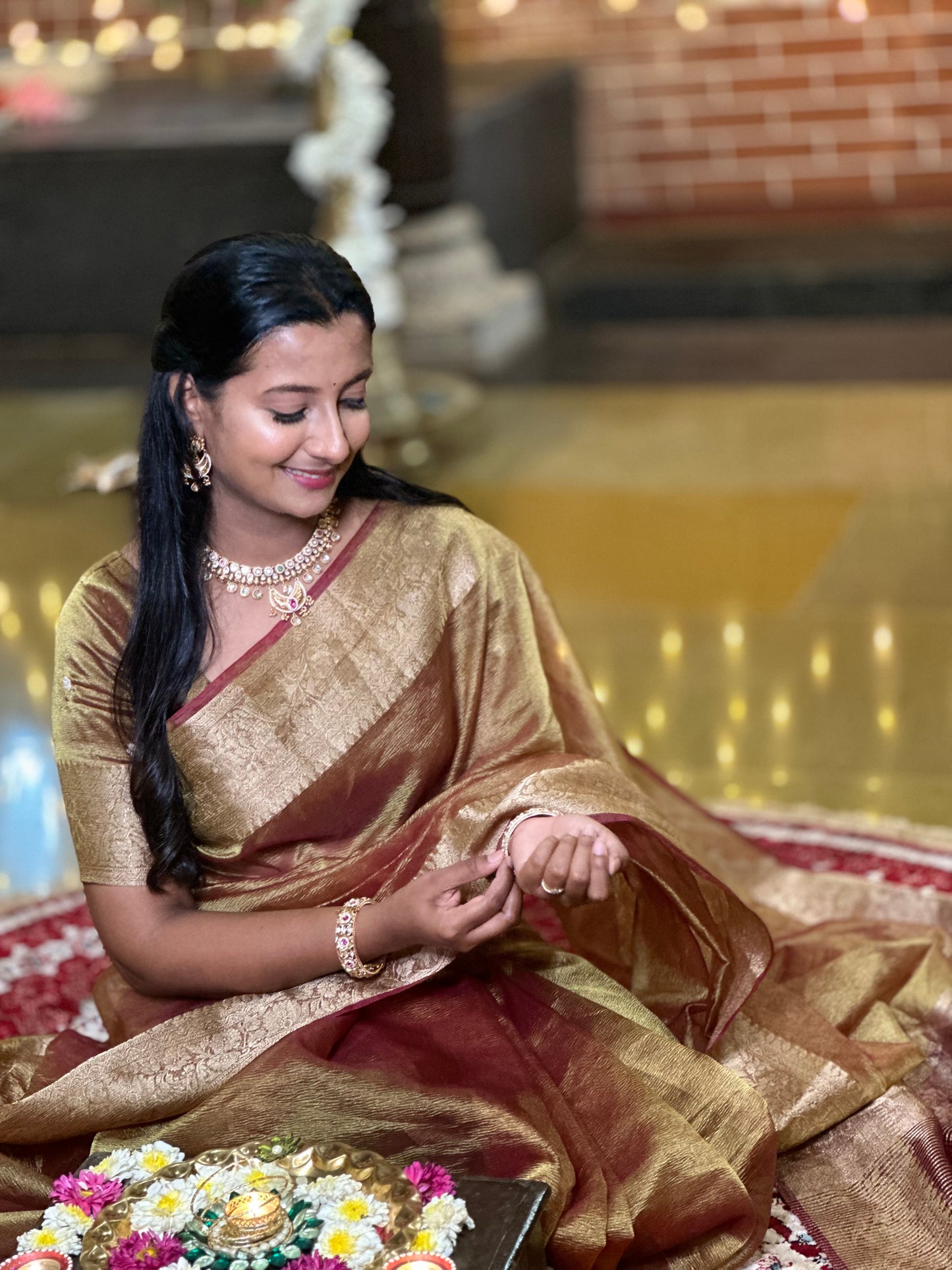 Golden Designer Handwork Crush Tissue Saree