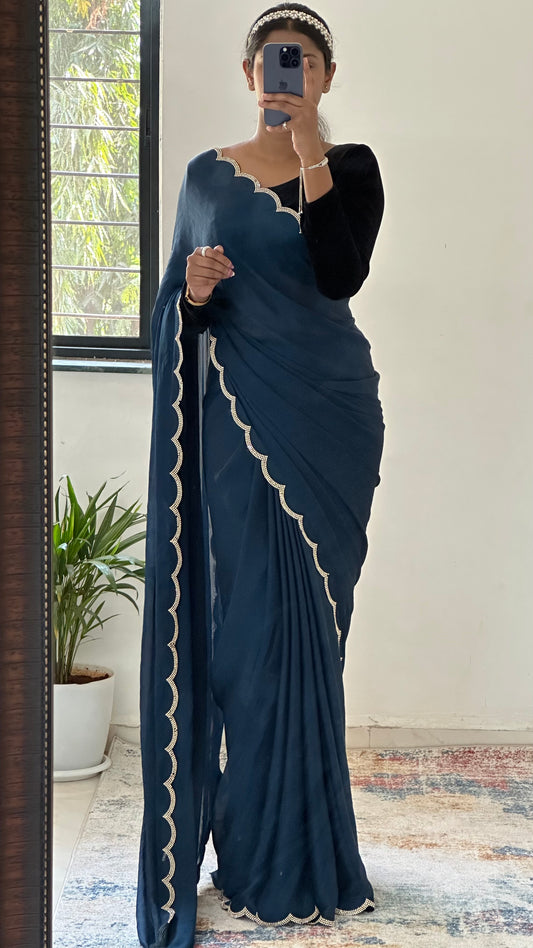 Navy Blue Chiffon Satin Saree