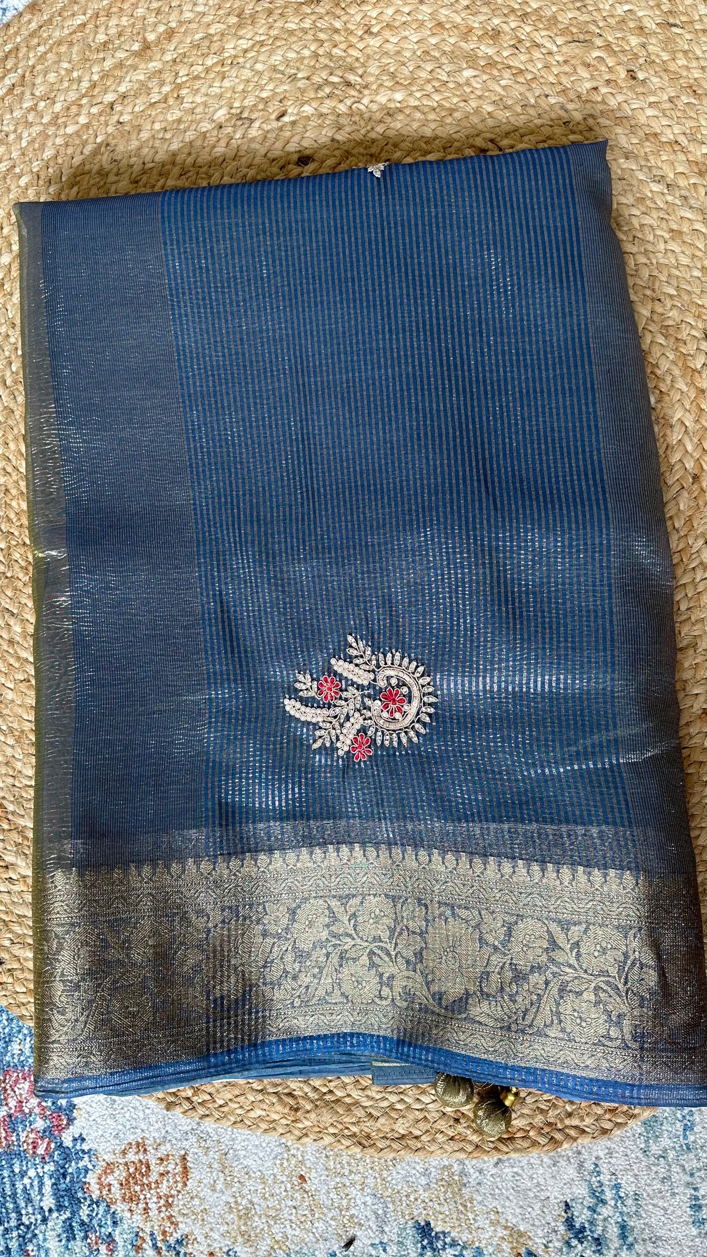 Blue Designer Handwork Crush Tissue Saree
