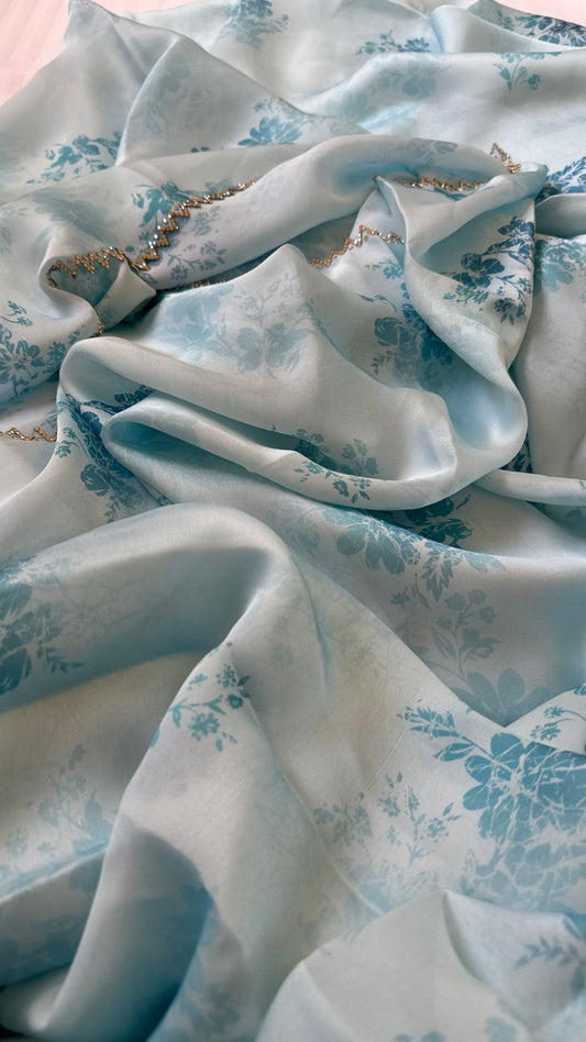 Sky Blue Satin Chiffon Saree