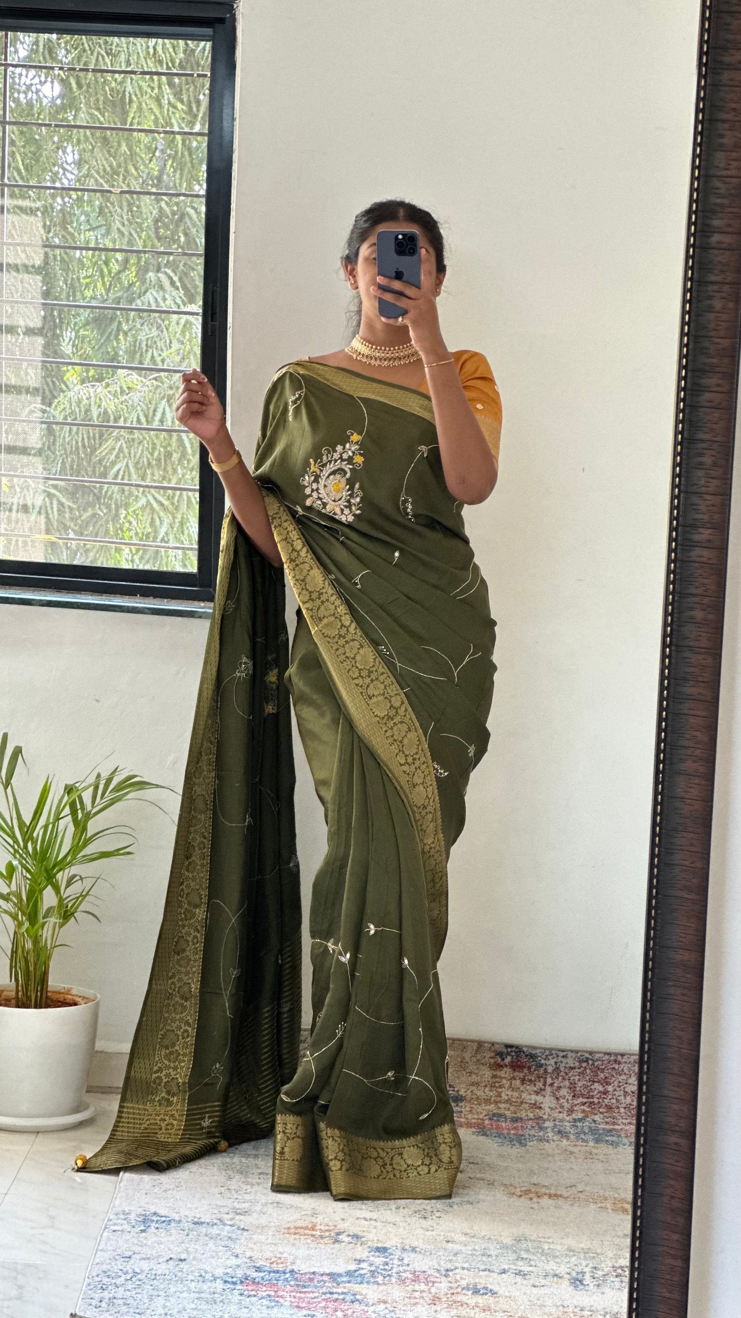 Green Pure Dola Silk Handwork Designer Saree