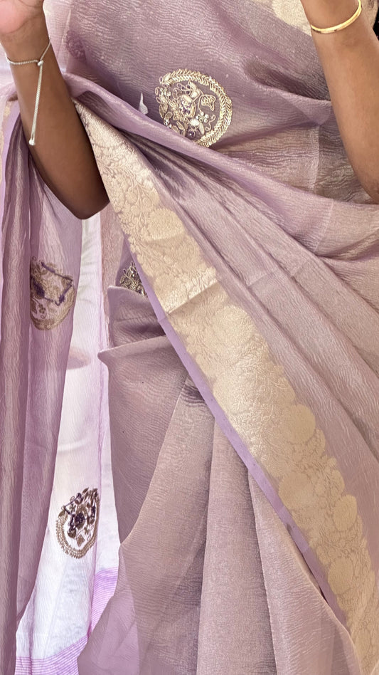 Lilac Designer Handwork Crush Tissue Saree
