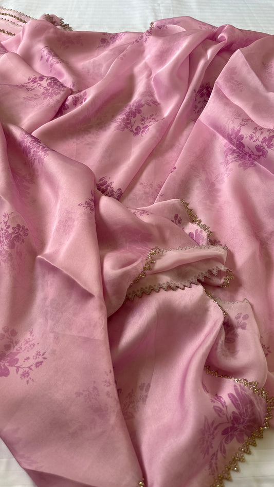Pink Satin Chiffon Saree