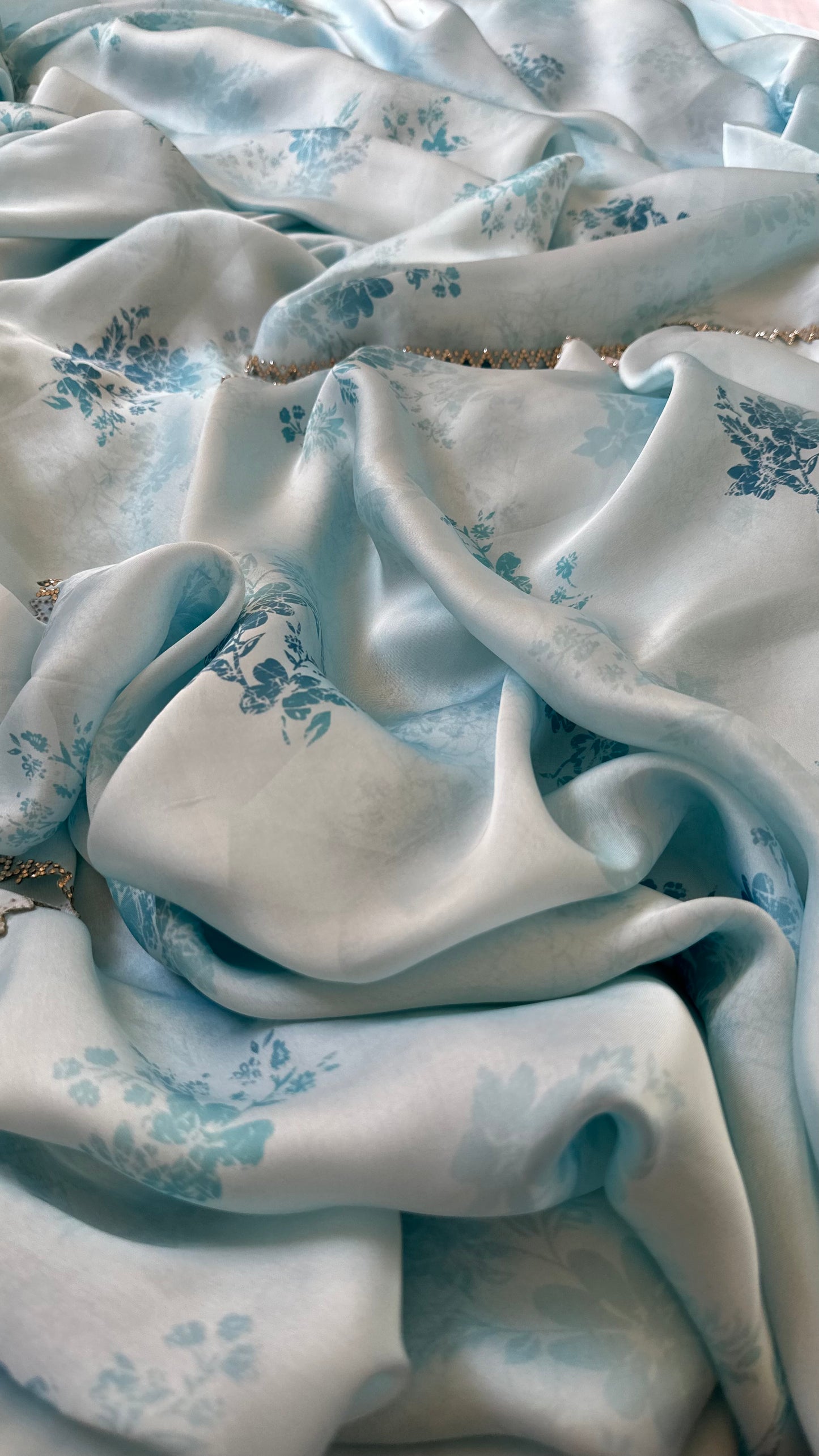 Sky Blue Satin Chiffon Saree