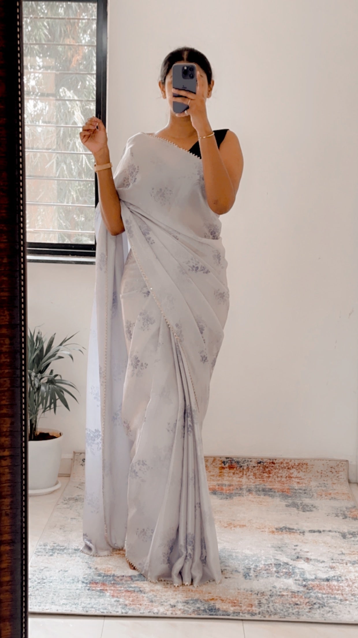 Grey Satin Chiffon Saree