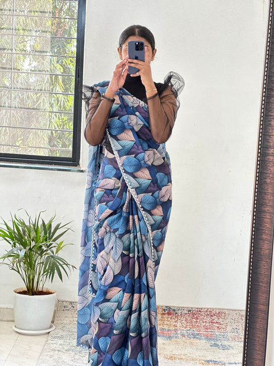 Floral Satin Saree with Embellished Border