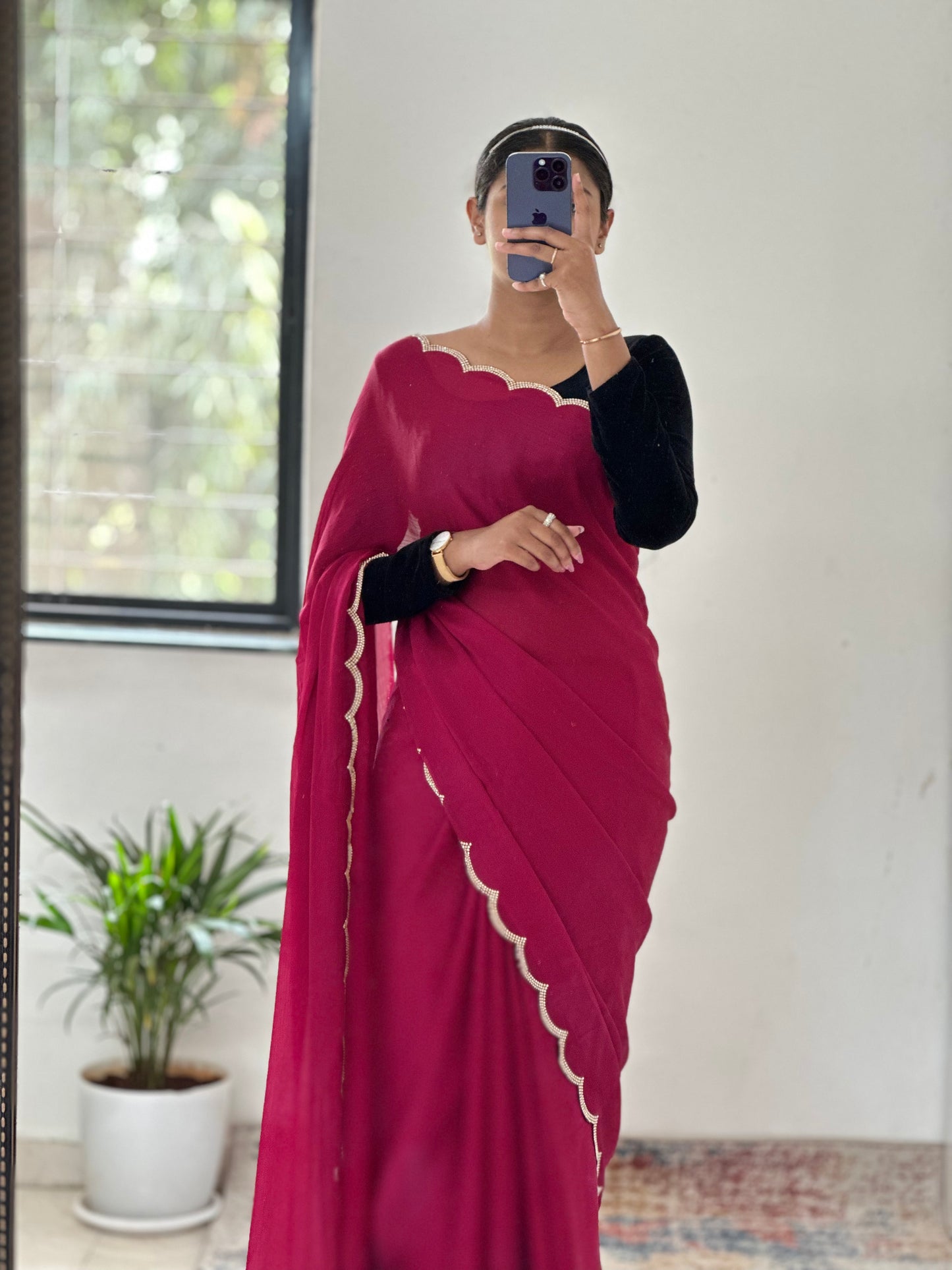 Red Chiffon Satin Saree