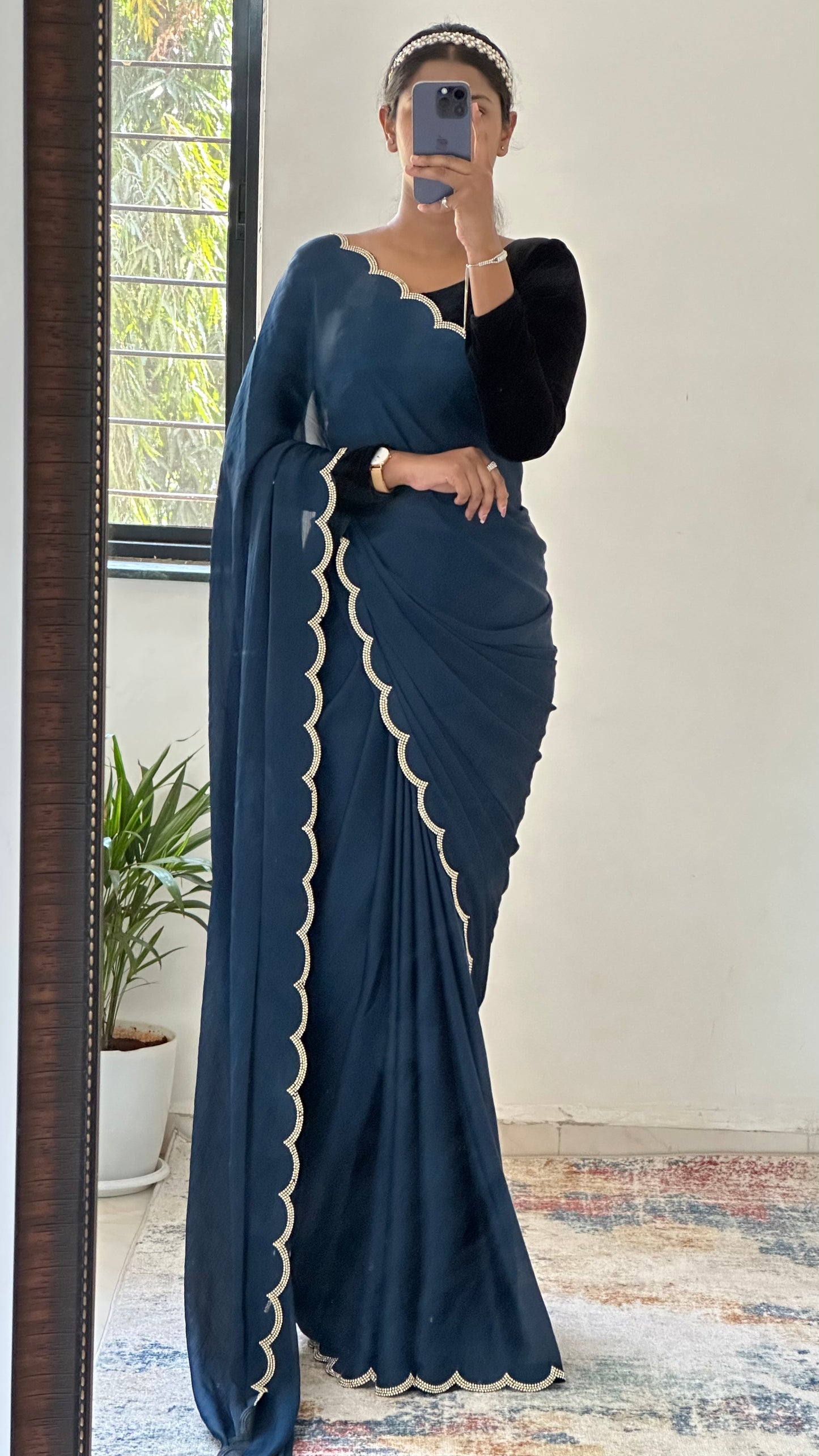 Navy Blue Chiffon Satin Saree
