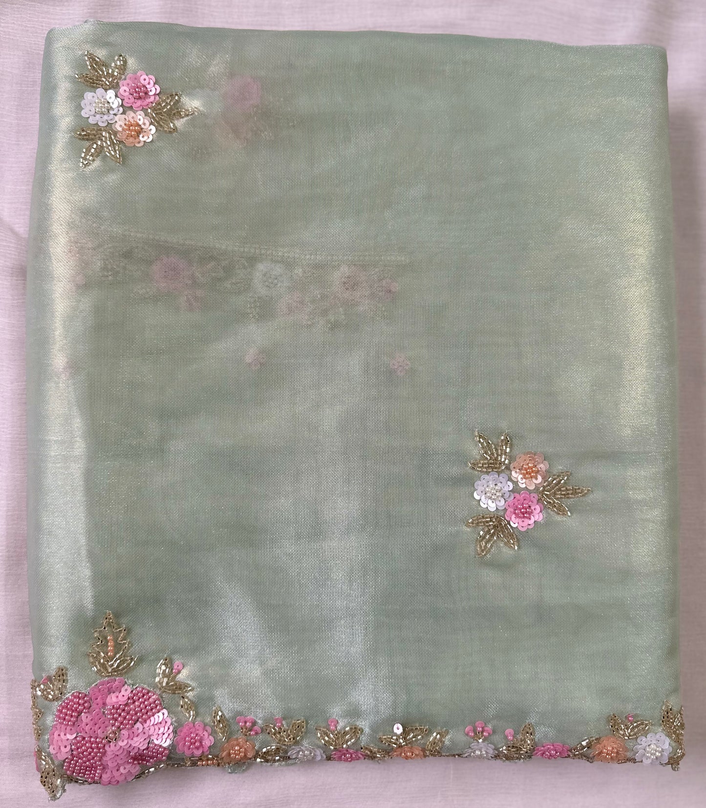 Pista Pure Shimmer Tissue Handwork Saree