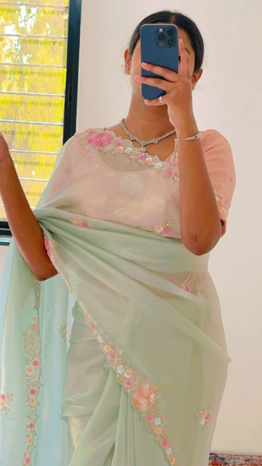 Pista Pure Shimmer Tissue Handwork Saree