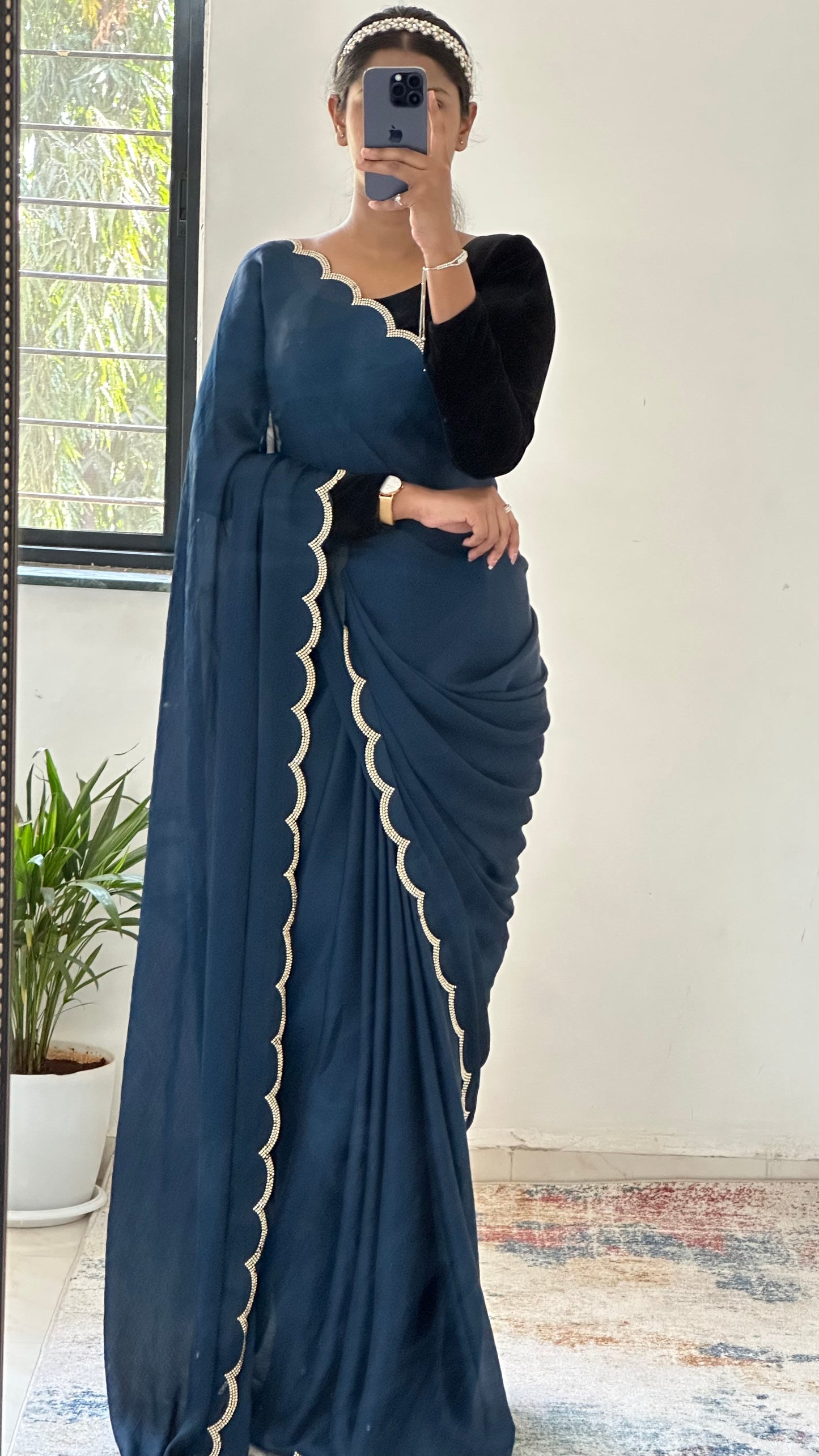 Navy Blue Chiffon Satin Saree