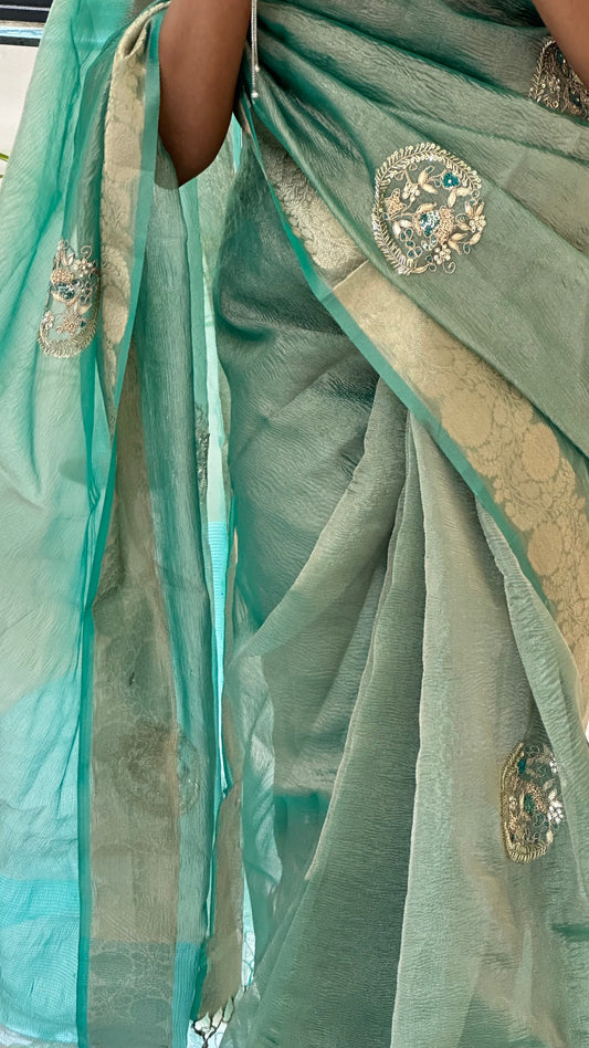 Green Designer Handwork Crush Tissue Saree