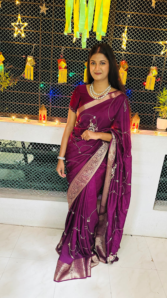 Purple Pure Dola Silk Handwork Designer Saree