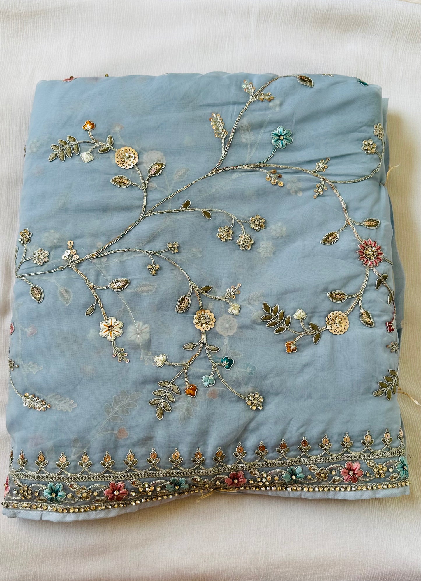 Powder Blue Pure Organza Handwork Saree