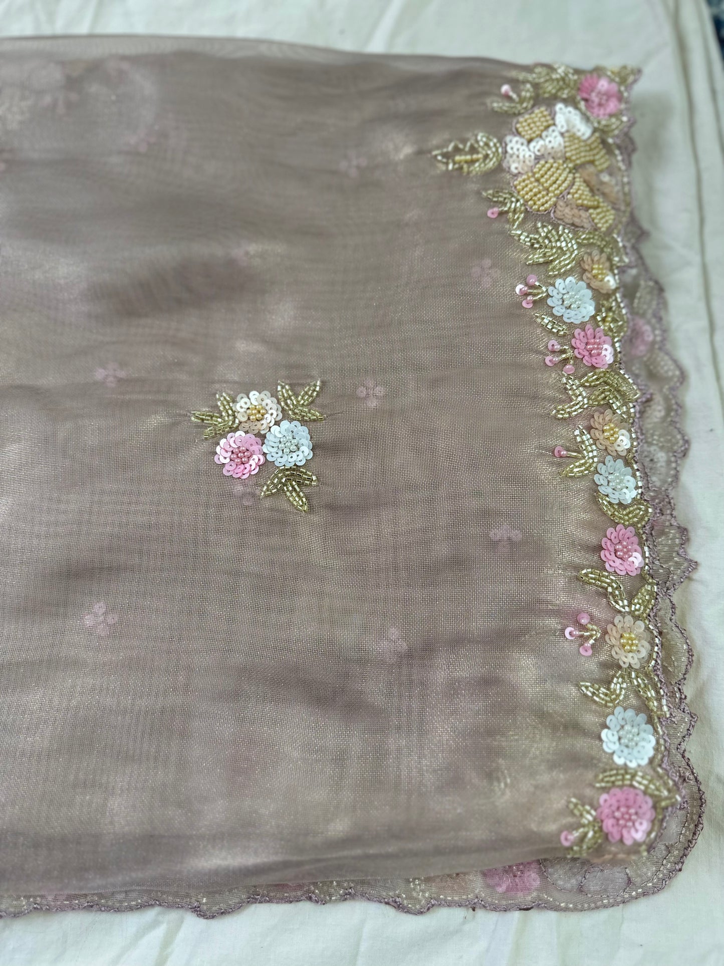 Mocha Pure Shimmer Tissue Handwork Saree