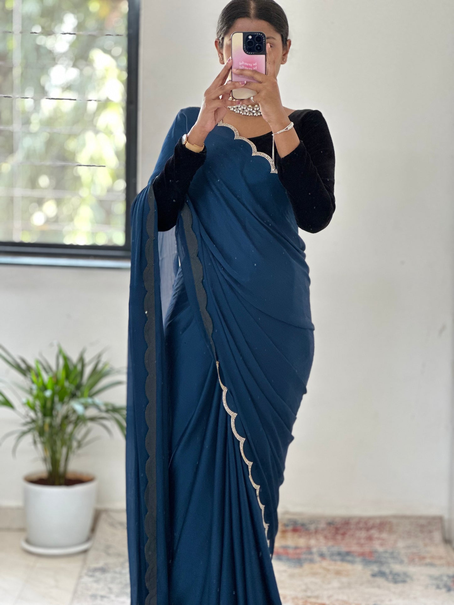 Navy Blue Chiffon Satin Saree